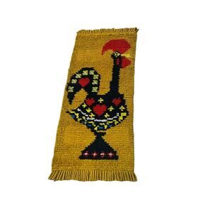 Vintage 1970s Latch Hook Rooster Rug Wall Hanging Folk Art 46” Mustard Yellow -